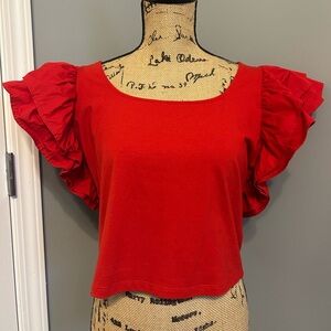 Bright Red Ruffle Sleeve Cotton Top